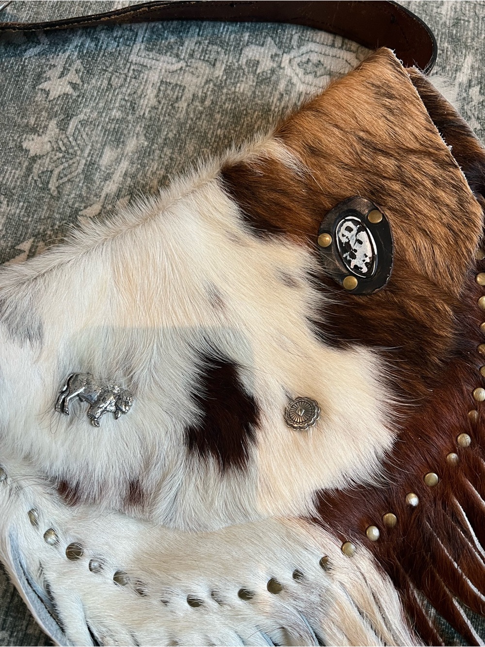 Fringed Cowhide Crossbody Bag in Brown and White - Picture 2 of 8